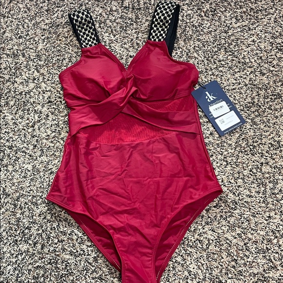 🆕 AK Burgundy Mesh Tummy Control One-Piece Crochet Swimsuit Sz Small | NWT - Picture 3 of 9